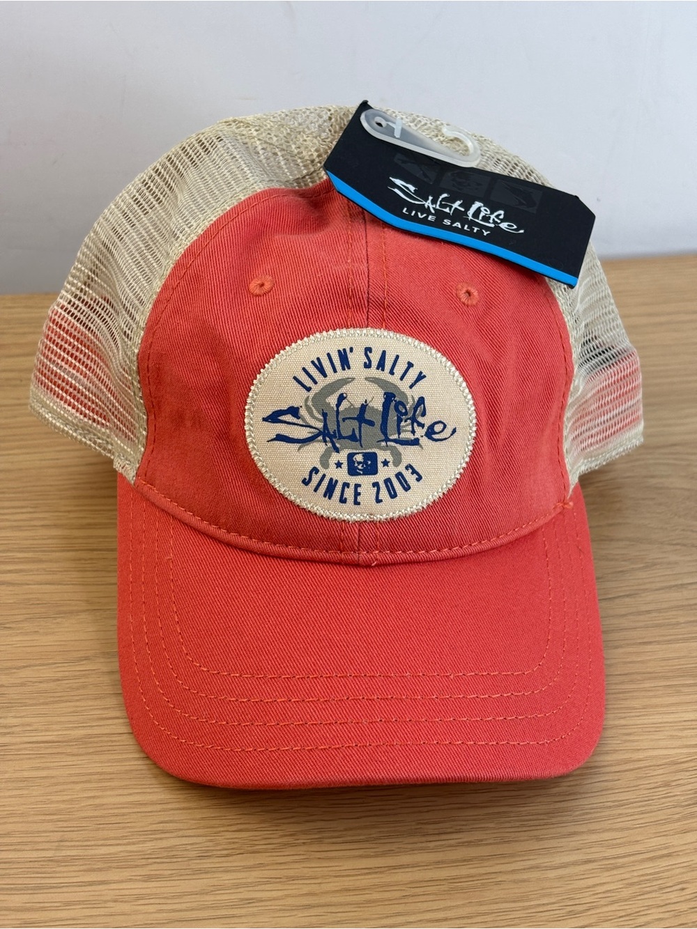Salt Life Mesh-Back Trucker Hat in Coral and Cream NWT “Livin’ Salty Since 2003”